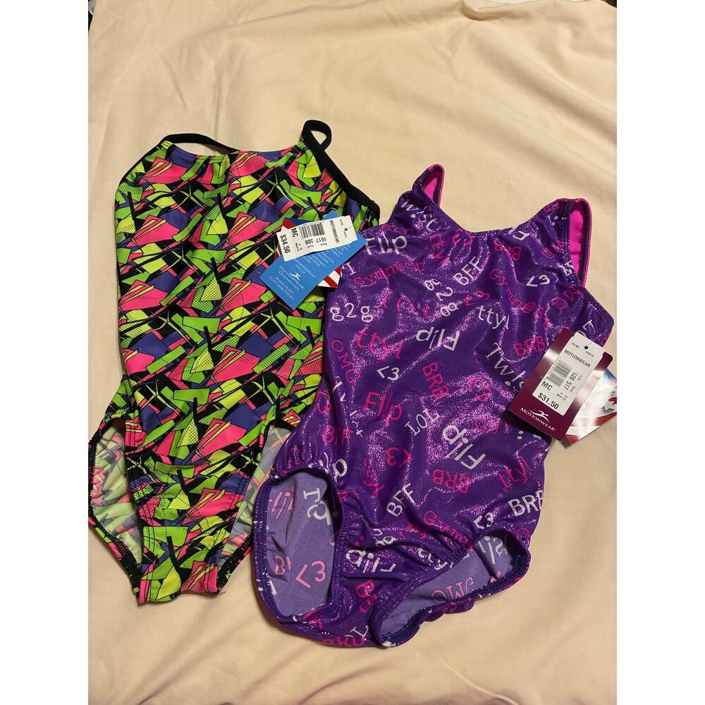 Lot 2 Motionwear Girls Gymnastics Leotards Child Medium 8-10 NWT Purple Neon USA